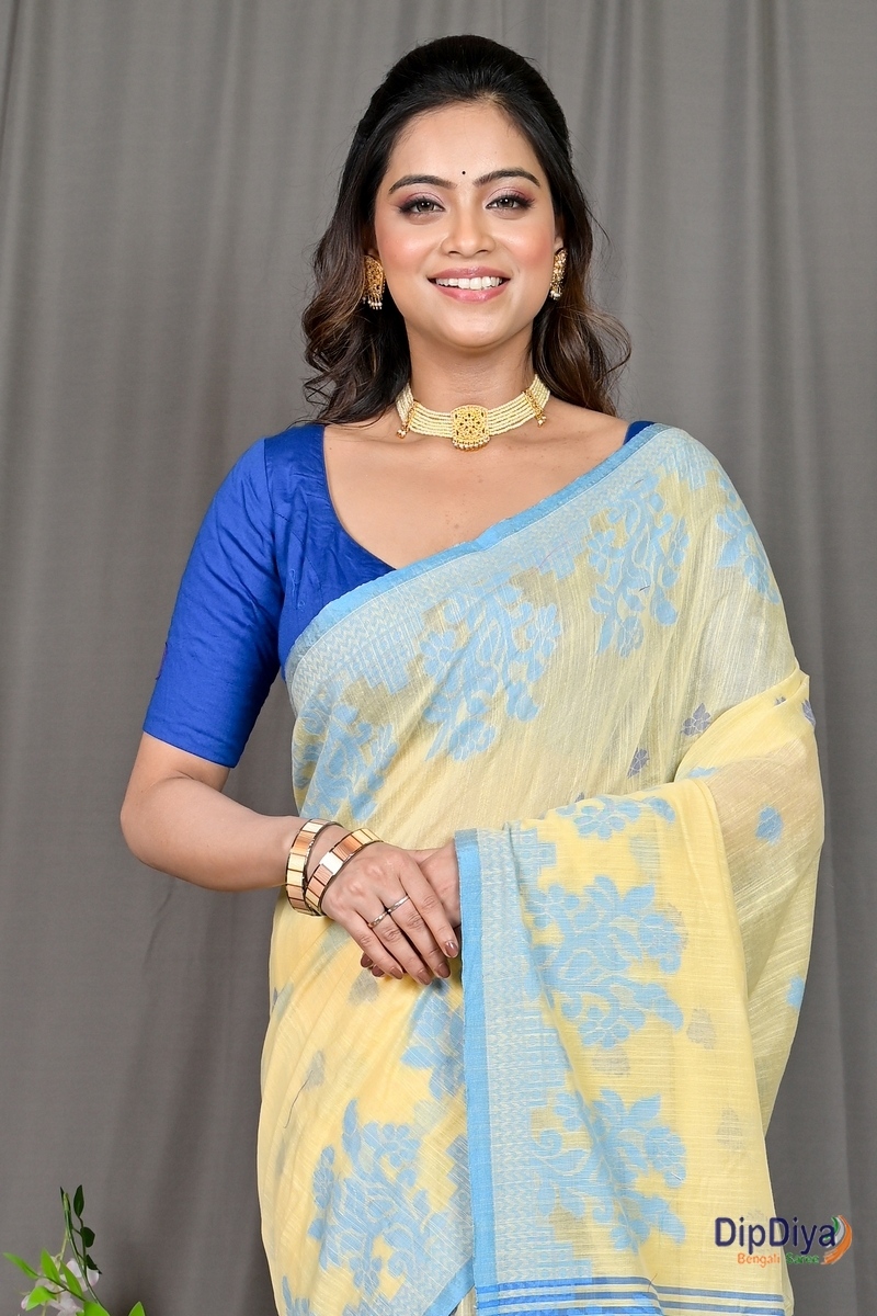 Yellow Blue Cotton Blended Parup Hand Loom Saree (557)